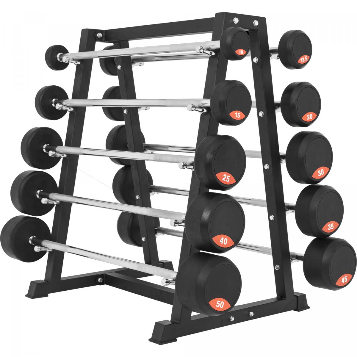 Rack de rangement avec set d'haltères longs en caoutchouc de 282,5 kg