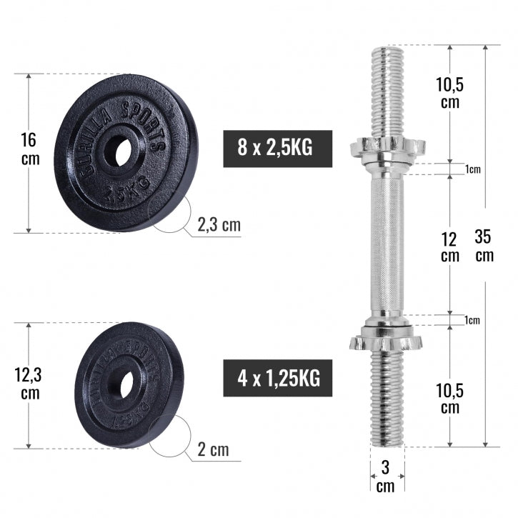 Set d'haltères courts en fonte grip, 30 kg