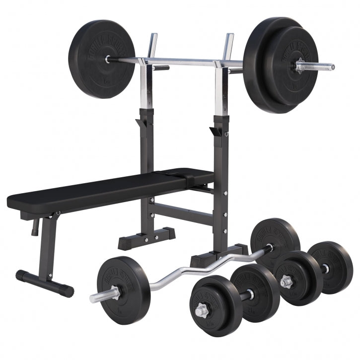 Banc de musculation avec set d'haltères longs