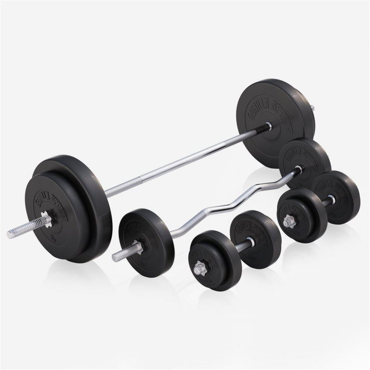 Banc de musculation avec set d'haltères longs