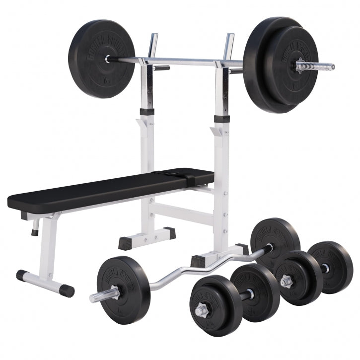 Banc de musculation avec set d'haltères longs