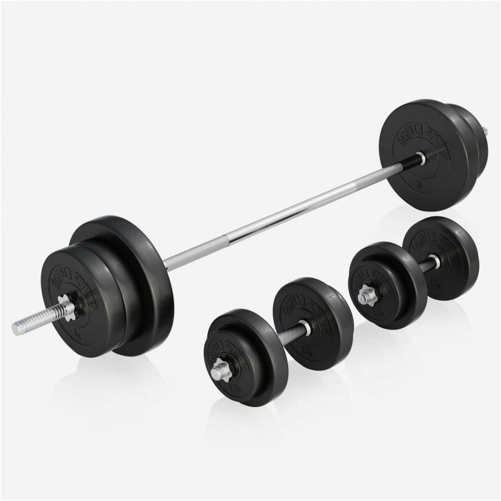 Banc de musculation avec set d'haltères longs