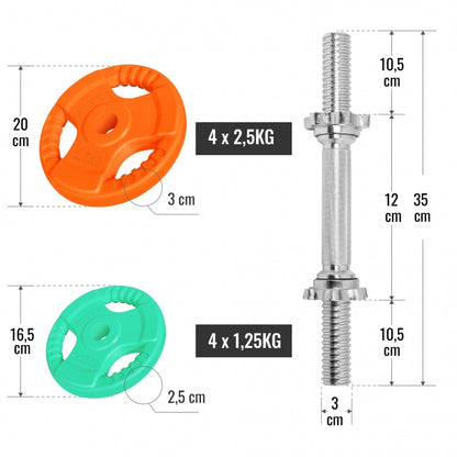 Set d'haltères courts en caoutchouc grip 20 kg avec stop-disques