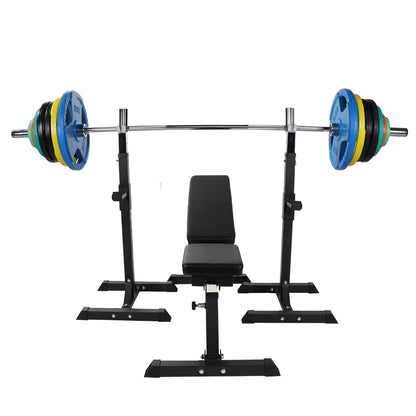 Banc de musculation avec support pour haltères longs et set d'haltères olympiques de 150 kg