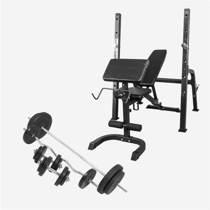 Banc de musculation avec support séparé incluant un set de barres longues 100 kg