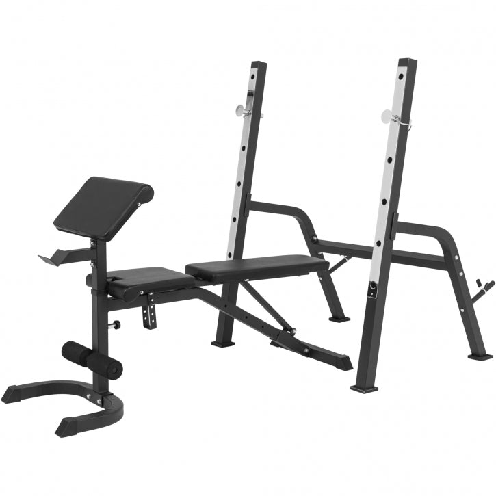 Banc de musculation avec support séparé incluant un set de barres longues 100 kg