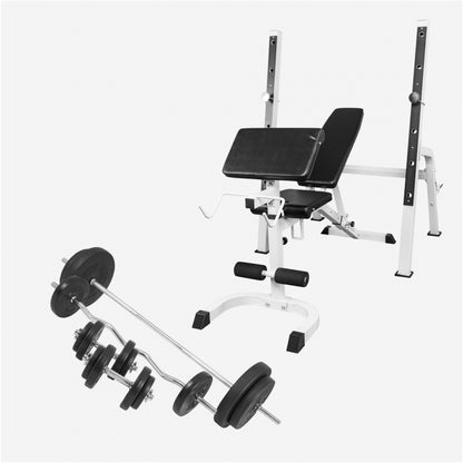 Banc de musculation avec support séparé incluant un set de barres longues 100 kg